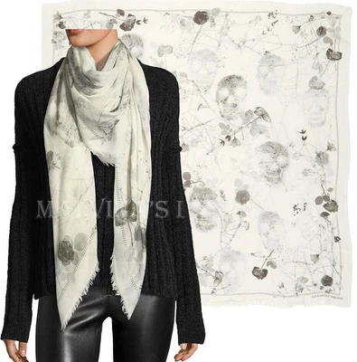 $326.45 • Buy Alexander Mcqueen Scarf Skull & Roses Black Magic  White Silk Modal Square 54 