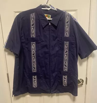 HABAND Guayabera Shirt Men’s XL Black Vintage Mexican Cuban Embroidered Full Zip • $19.99