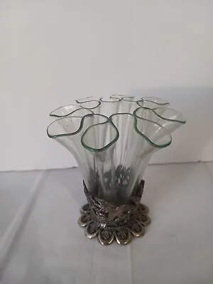 Vintage Ruffled Handkerchief Clear Glass Vase With Hummingbird Metal Base • £15.60