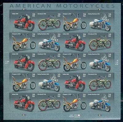 US 4085-4088 American Motorcycles Complete Sheet/20 Mint NH  5320 • $10.25