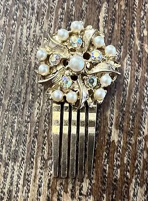 Vintage Gold Plate Metal Fx Pearl AB Crystal Burst Hinge Hair Comb Clip • $13.99