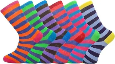 Mens Striped Socks Bright Coloured Smart Suit Cotton Blend Adults 6 Pairs 6-11 • £5.45