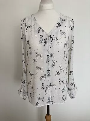 TU Shirt UK 12 White Dalmation Dog Print Blouse Button Up Chiffon • £13.89