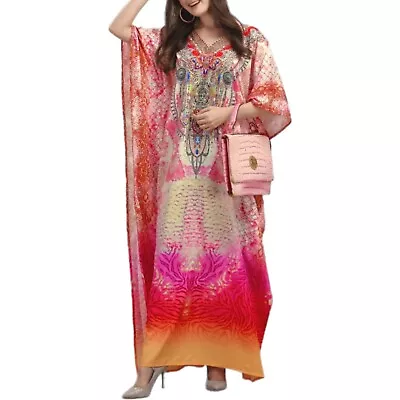 Silk Blend Pink Embellished Kaftan  Long Caftan Resort Wear Vacation Beach Dress • $45