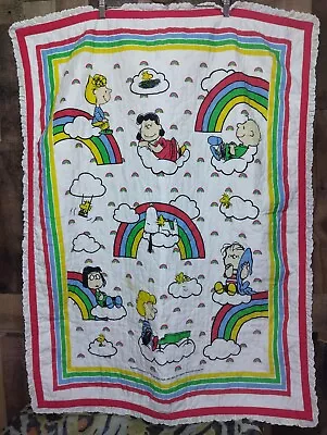 Vintage 1971 Snoopy Peanuts Baby Blanket Rainbow Primary Colors 45  X 35  • $25