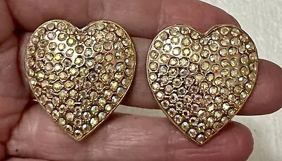 Large Vintage KIRK’S FOLLY Rose Gold Tone Pave AB Crystal HEART Clip On Earrings • $29.99