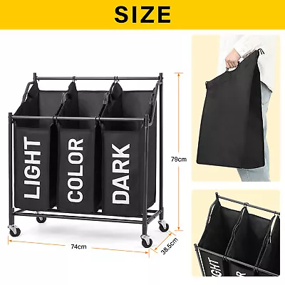 Oversized Laundry Sorter Basket 3 Bag Laundry Hamper Cart With Rolling Wheels • $36.99