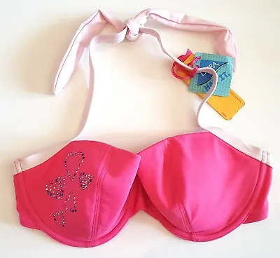 Katie Price Pink Diamante Heart Halterneck Bikini Top Underwired 32D 34D & 32E • £5.66