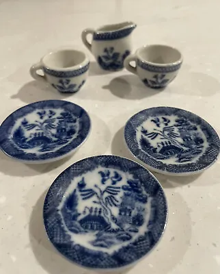 Vintage Blue Willow Miniature Porcelain Tea Pot Set Plates Cups White & Blue • $40