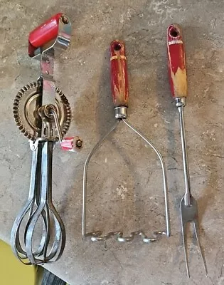 Vintage LOT Utensils Farmhouse Kitchen Red Wood Handles 1940s-50s • $9.95