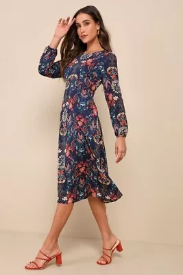 I. Madeline Garden Splendor Midi Dress Women's L Navy Floral Print Long Sleeve • $39.99