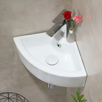 Small Wall Mount Corner Bathroom Sink With Overflow Triangle White Ceramic • $50.99