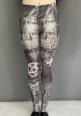 Disturbia Size S Goth Grey Printed Stretchy Leggings Pentagram Lightning Script • £23.13