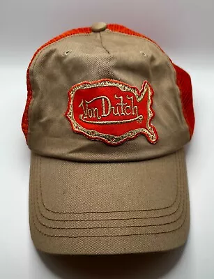 Vintage Kustomade Von Dutch Snapback Trucker Hat USA Map Label Orange And Tan • $35