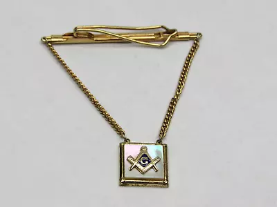 Vintage Mother Of Pearl Masonic Tie Bar Clip Chain MOP Gold Tone • $11.99