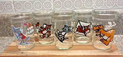 Vintage Lot Of 5 Tom & Jerry Dinosaur Welch’s Jelly Jar/Glass Cups. 1990 & 1991 • $19.99