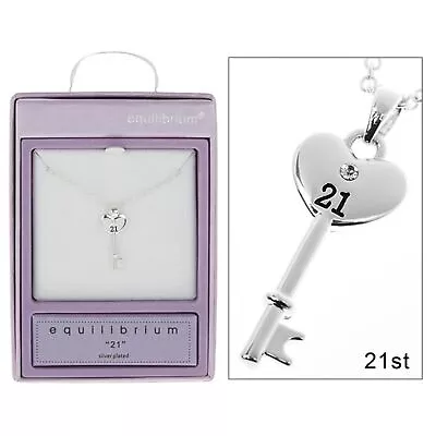 Equilibrium Silver Plated Key Pendant 21 Birthday Necklace Jewellery Gift New • £12.99