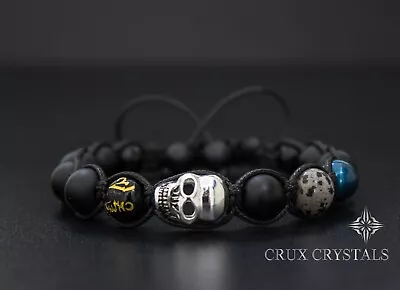 Men's Black Skull Gemstone Beaded Shamballa Style Bracelet Onyx Swarovski Pearls • $46