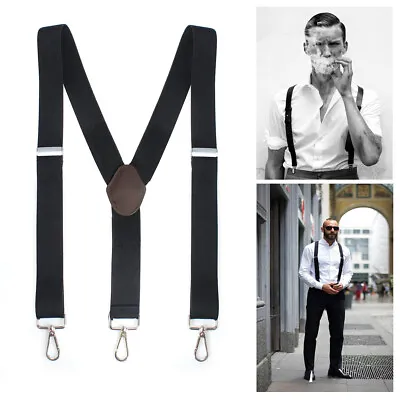 Mens Pery Belt Hook Y-Back Elastic Suspenders Black Heavy Duty Work Adjustable • $9.69