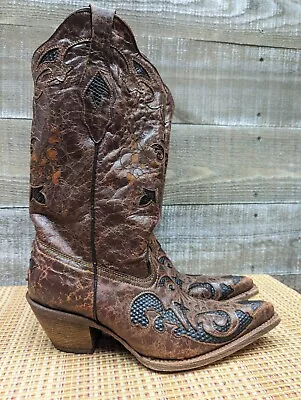 Corral Brown Distressed Lizard Inlay Snip Toe Women Boots Size 7 M • $89.99
