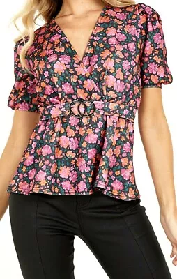 New Womens Quiz Floral V Neck Buckle Peplum Top Floral Pink / Multi Size UK 12 • £12.99