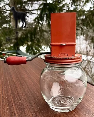 Vintage Hazel Atlas Nut Grinder Orange Flower Decal 1930s Wood Handle Glass Jar • $15