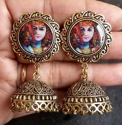 Indian Earrings Glamorous Antique Gold Bollywood Designer Krishna Jhumka Set  . • $25.30