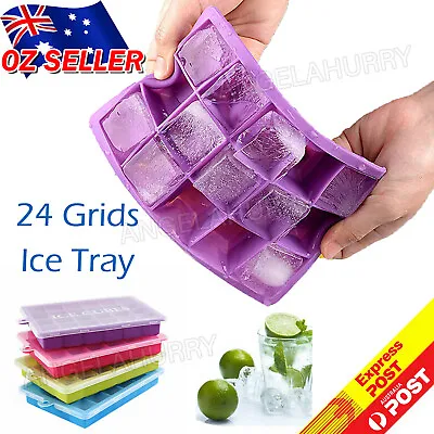 1~4PCS Silicone 24 Grids Ice Cube Tray With Lid Mold Maker Tool Square Mould NEW • $5.95