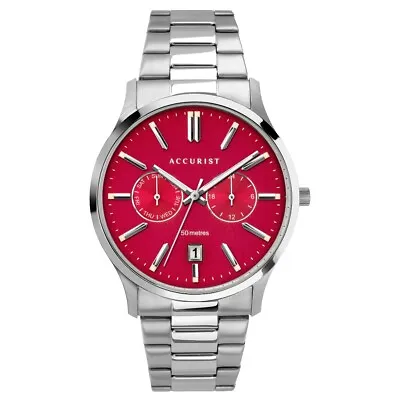 Accurist Mens Watch With Red Dial And Silver Bracelet 7405 • £44.99