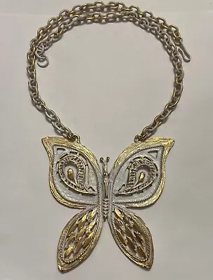 Vintage 1970’s Large Gold Tone White Enamel Butterfly Pendant Necklace • $39.99