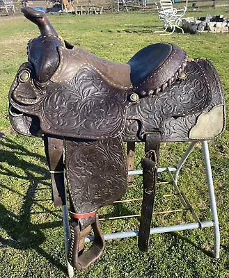 Used/Vintage 15   Longhorn Tooled /buckstitched Leather Western Saddle US Made • $200