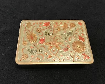 VTG Chinese Cloisonne Trinket Box Birds Floral Heavy Brass Enamel Card Jewelry • $12.99