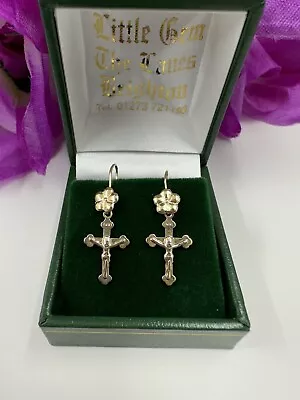 Pretty Pair Of 9ct Jesus On The Cross With Flower Design. Matching Drop Earrings • £80