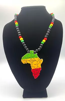 Rasta Wooden Necklace With Africa's Map Medal And Black Beads Collectable Unisex • $18