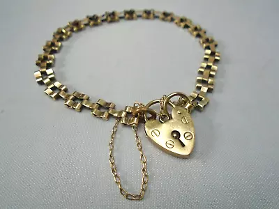£219 • Buy Stunning Vintage 9 Ct Gold Fancy  Bar Gate Link Bracelet With Heart Locket Clasp