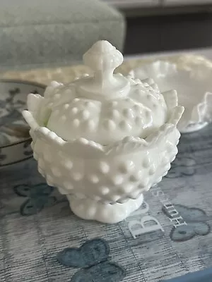 Vtg Fenton Hobnail Sawtooth Depression Milk Glass Sugar Bowl Jam Jar Candy Dish • $25