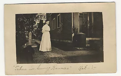 Antique RPPC Young Woman Outside Home 1907  • $6