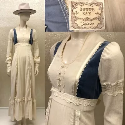 Vintage 1970 Ladies GUNNE SAX Jessica McClintock Ivory/Blue Velvet Prairie Dress • $145