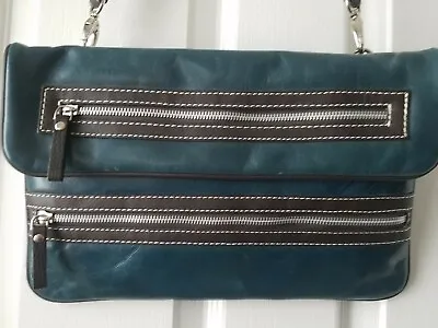Sophia Visconti Teal #9626 Leather Shoulder Bag/Clutch Zippered Pockets Fold Top • $15