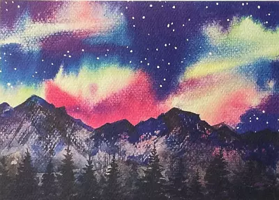 Art Print Watercolor Painting Mountains Landscape Northern Lights (5x7 Inches) • $17