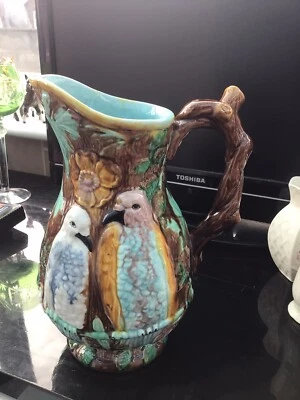 £25 • Buy Antique Original Majolica Jug  Bird Design Ceramic