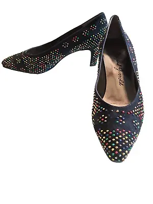 MARGARET JERROLD NWB 6.5M Black Suede Multicolor Dots Pointed Toe Pumps Heels • $45