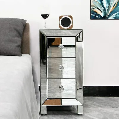 Mirrored Nightstand With 3 Drawer Modern Silver Finished End Bedside Table • $84.99