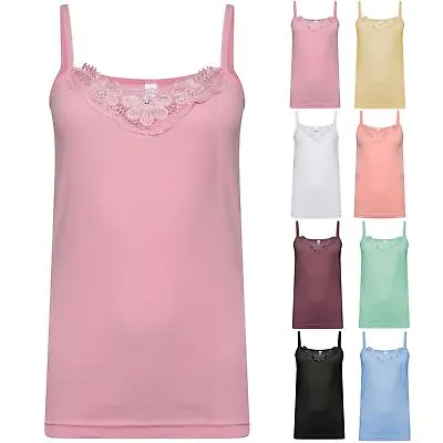 Ladies Plain Cotton Vest Top Lace Trim Neck Design Cami Tank Strappy Camisole • £3.75