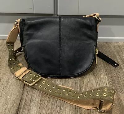 Via Spiga Black Tan Leather Canvas Gold Grommets Crossbody Purse • $28.80