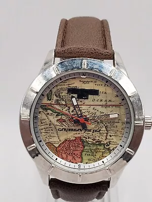 Caribbean Joe Men's Map Quartz Watch 41mm Round Silver Tone Brown Faux Leather • $15.99