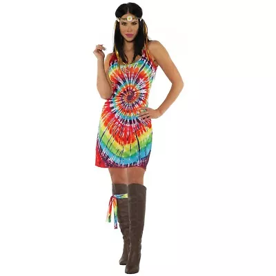 Tie Dye Dress Adult Hippie Girl Costume 60s 70s Halloween Fancy Dress • $16.79