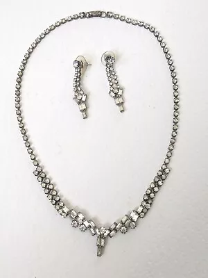 Vintage 1950s Unsigned Clear Crystals 16  Necklace 1.5  Earrings Set Silver Tone • $34.99