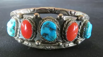 Vtg NAVAJO Signed Cuff BRACELET STERLING SILVER Turquoise Coral Stones 24.8 GMS • $100