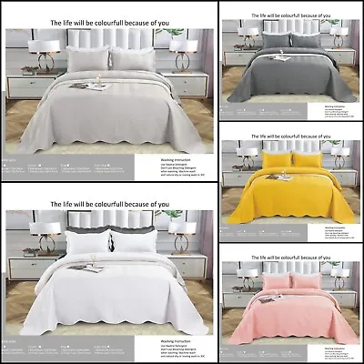 3 Piece Quilted Bedspread Plain Embossed Comforter Bedding Set With 2 Pillowcase • £23.99